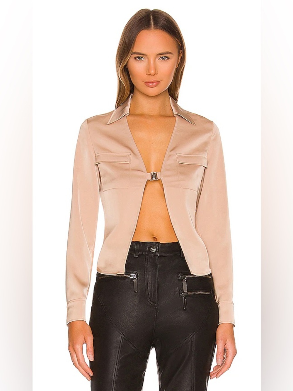 h:ours Laila Top In Nude Satin Utility Blouse Jacket Silver Clasp Size Small